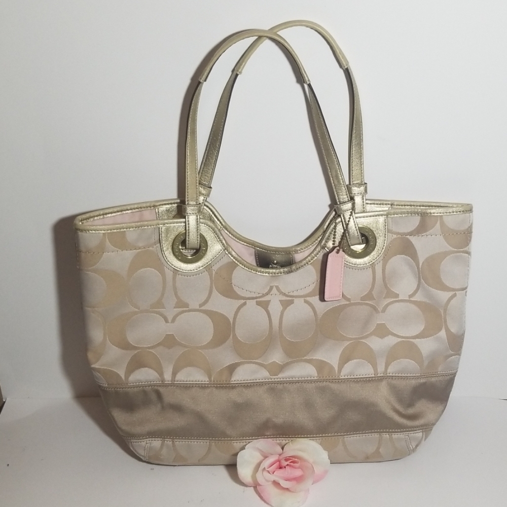Coach Beige and Gold Signature Tote with Pink Tag